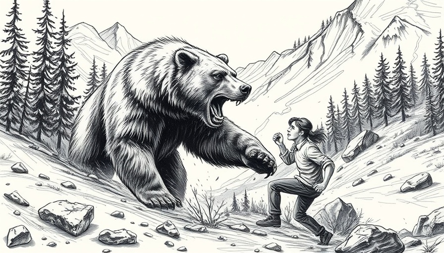 Grizzly bear encounter survival drawing in mountain wilderness.