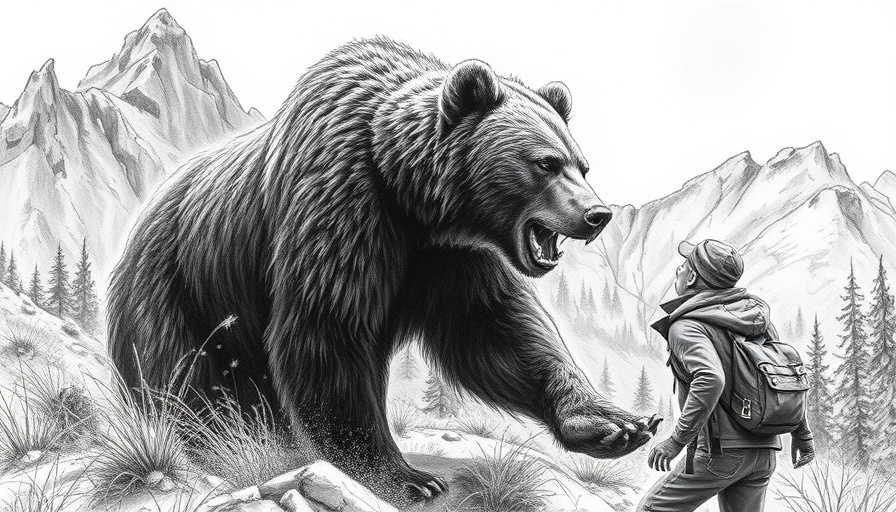 Drawing showing a grizzly bear encounter safety with a person in a snowy setting.