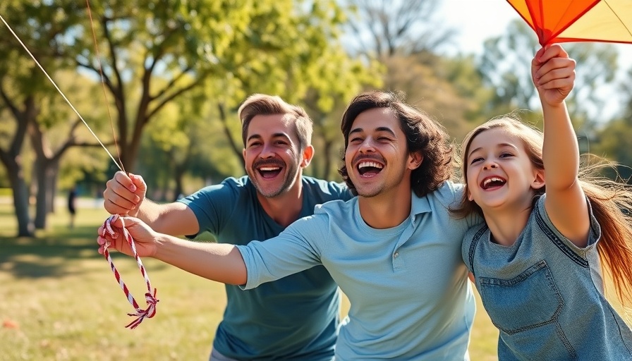 Family enjoying kite flying in a sunny park with green grass.