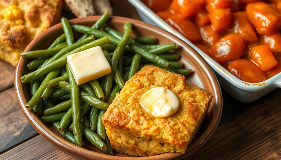 Delicious Southern side dishes: green beans, cornbread, yams