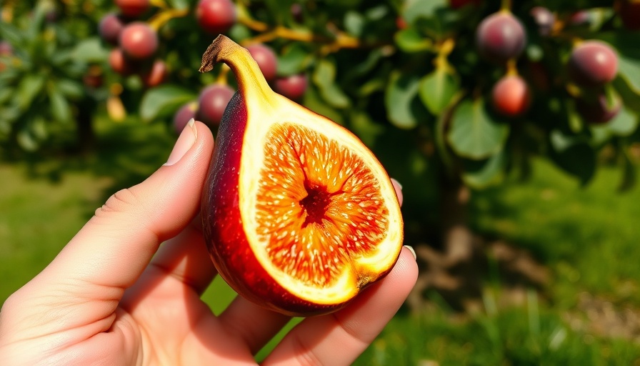 Person holding ripe fig halves; planting tips for figs.