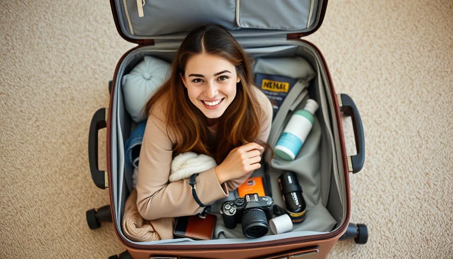 Minimalist packing for travel: organized open suitcase and smiling woman.