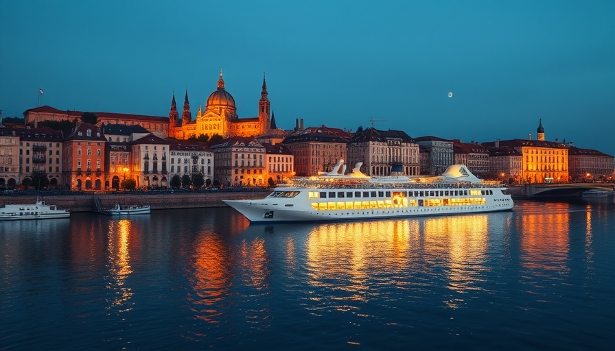 Peaceful twilight river scene with cruise ship and city.