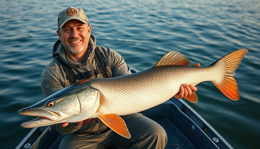 Angler with Wisconsin record muskie on lake boat.