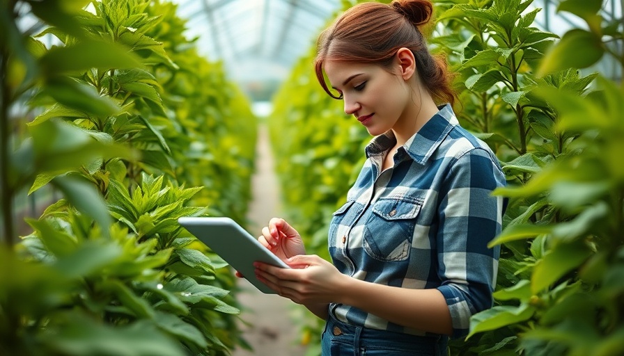 Young female farmer in a greenhouse analyzing crops with a tablet.