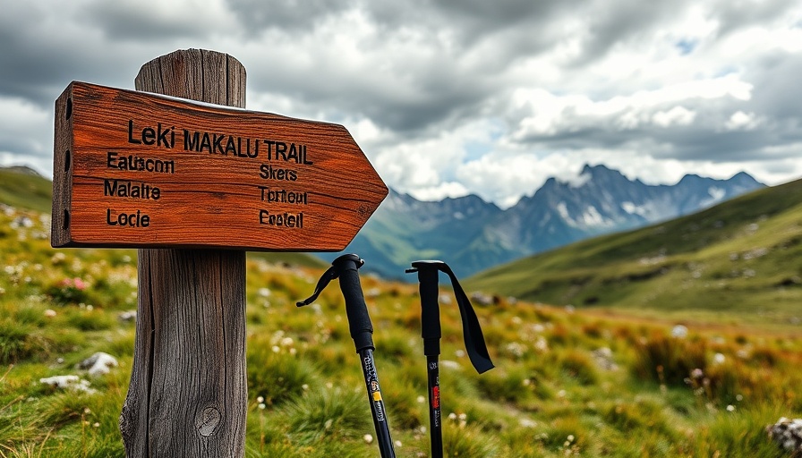 Leki Makalu FX Carbon Folding Trekking Poles next to a trail sign in an alpine meadow.