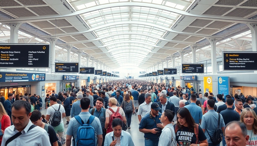 Busy North American airport terminal with travelers, depicting rising travel satisfaction.