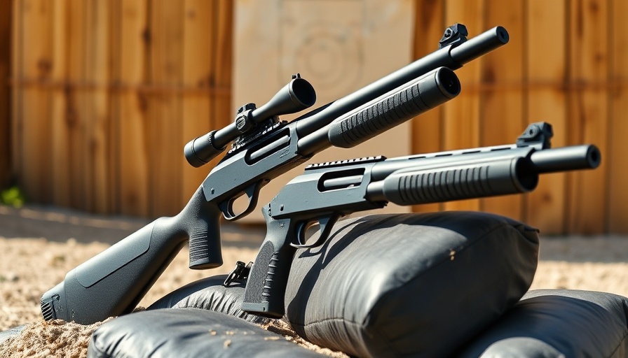 Tactical shotguns displayed outdoors at a shooting range.