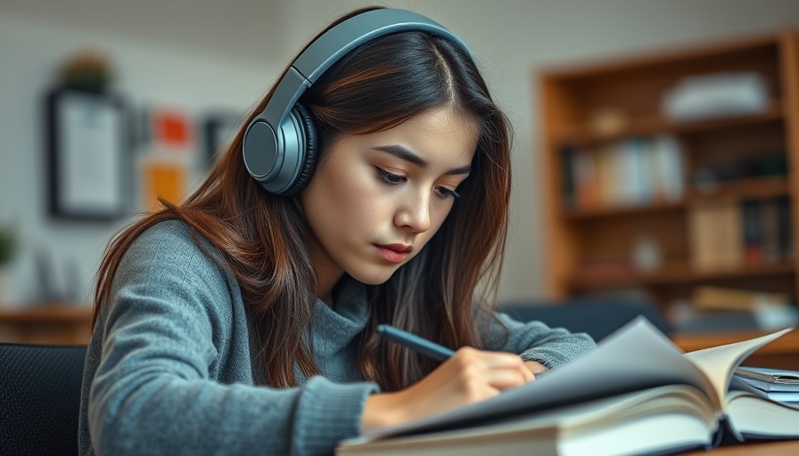 Young woman studying for boards, focused with headphones.