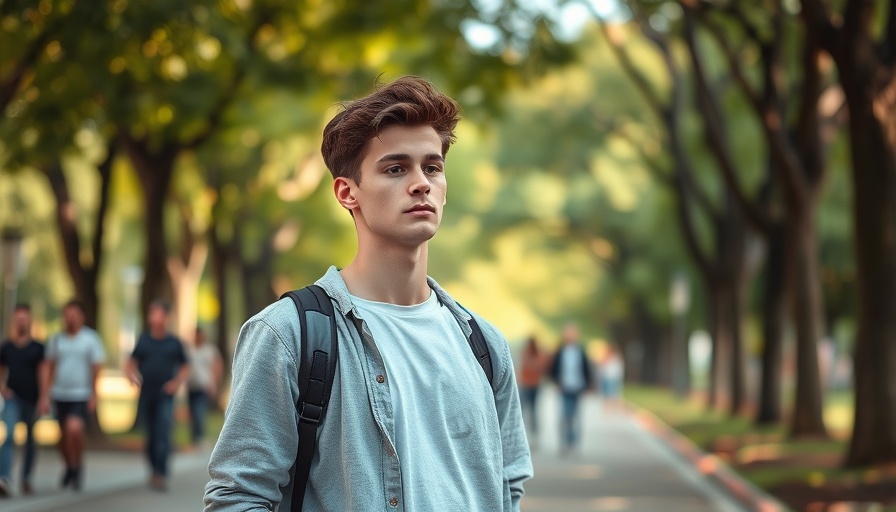 Young man outdoors looking contemplative with text overlay.