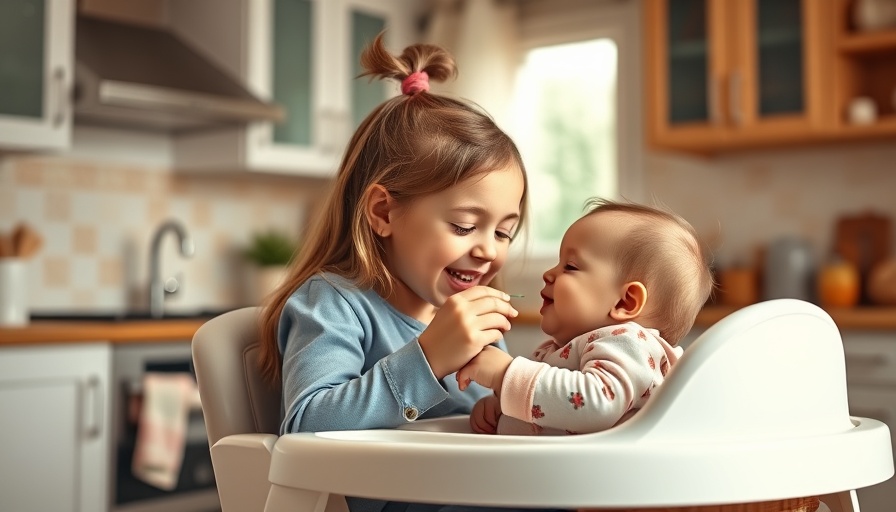 Young girl feeding baby in high chair, playful moment, kid stories.