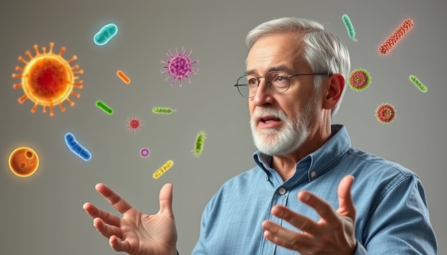 Mature man discussing health improvement and wellness, colorful bacteria.