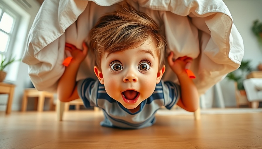Playful boy hiding under bed, kid stories theme, cartoonish style.