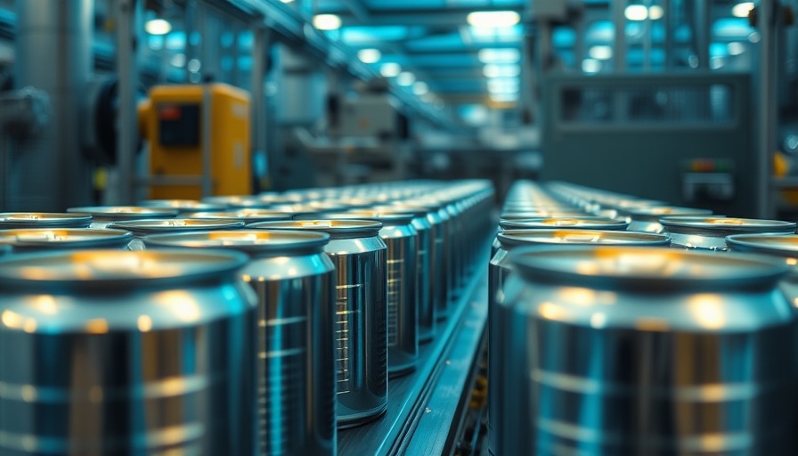 Canned goods on factory conveyor belt in blue-tinted lighting for Life Cycle Analysis for Sustainable Products.