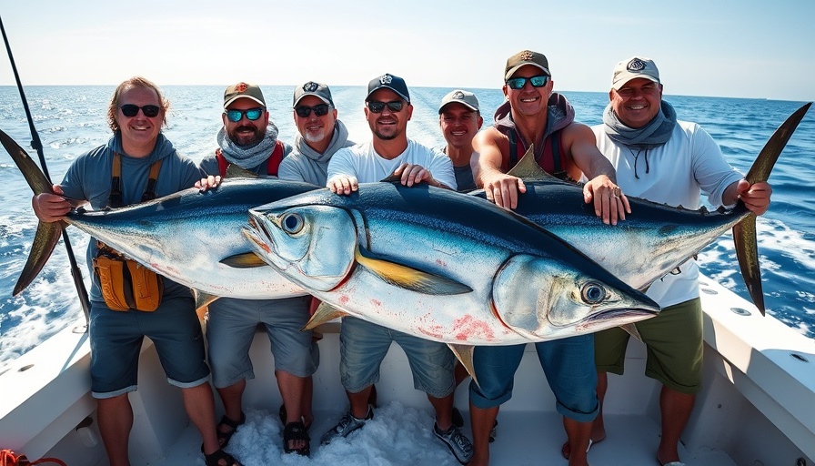 Cheerful fishermen celebrating catch on offshore tuna fishing charters.