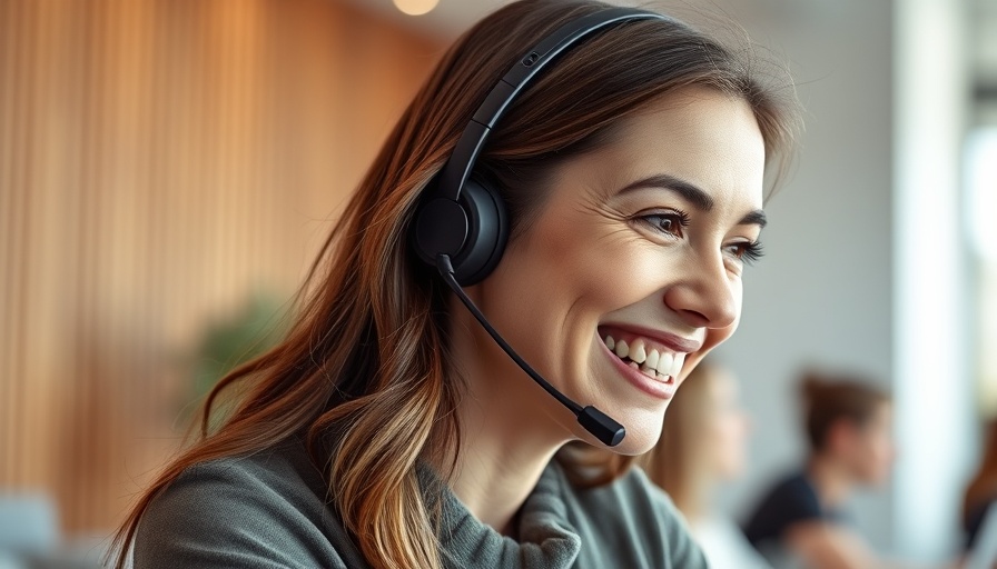 Smiling woman using headset in podcast, indoor background.