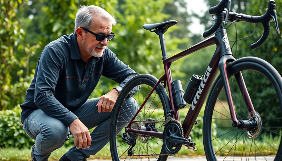 Man discussing Drive Train Stats beside a racing bike in a natural setting.