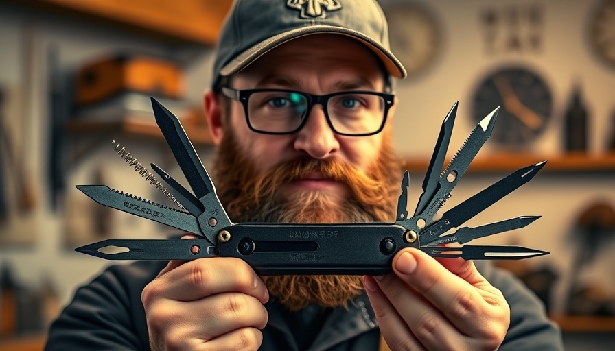 Man displaying a multi-functional multitool, best camping gear for beginners.