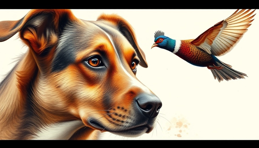 Artistic depiction of hunting dog with pheasant in flight, hunting dogs stories.