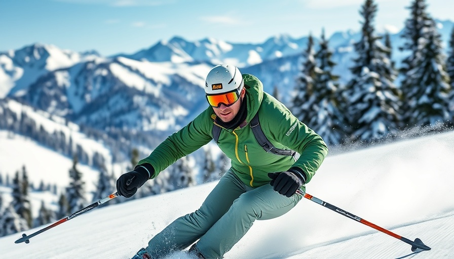 Dynamic skier in green jacket on snowy mountain slope.