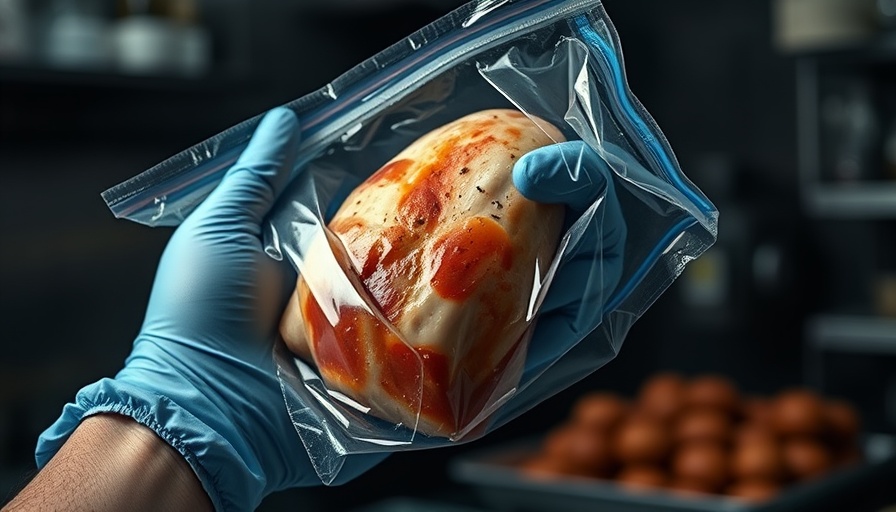 Gloved hands handling marinated chicken for healthy dining menu.