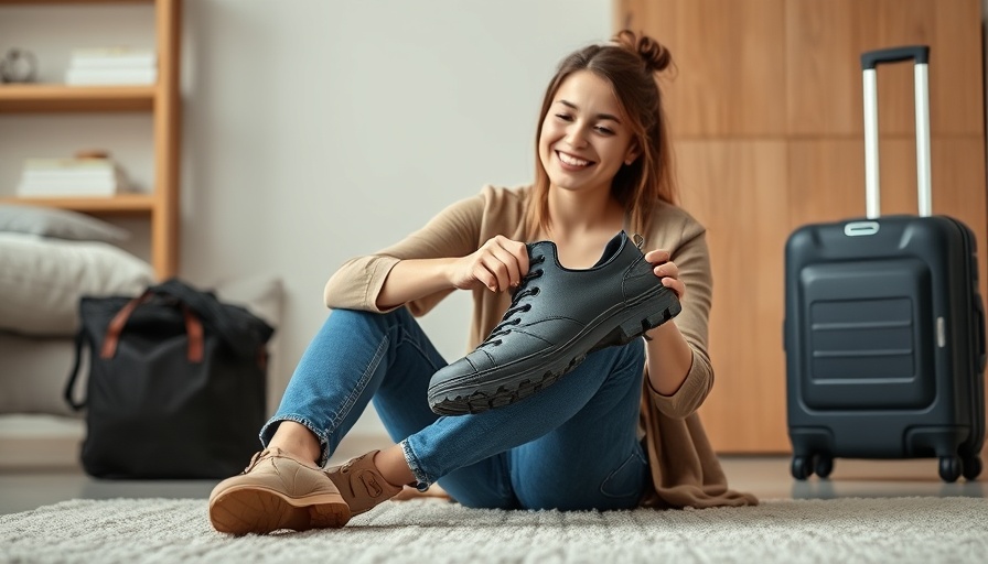 Woman displaying waterproof shoes for European river cruise.