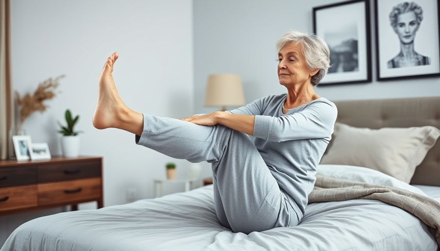 Senior woman practicing bedtime stretching routine in a cozy bedroom.