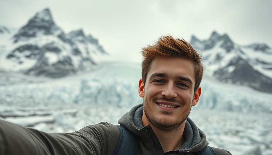 Young man enjoying outdoor adventure by a glacier.