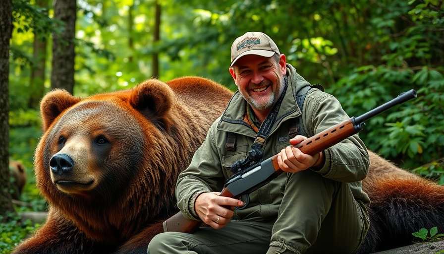 Rugged outdoorsman with gun beside bear in a forest, Great Bear Gun for Family Outdoor Adventures.