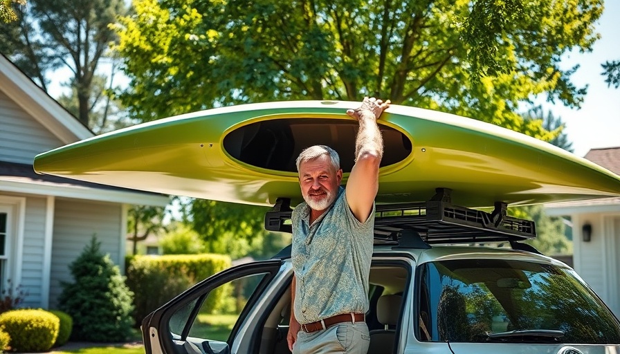 Man secures kayak on car, affordable fishing gear context.