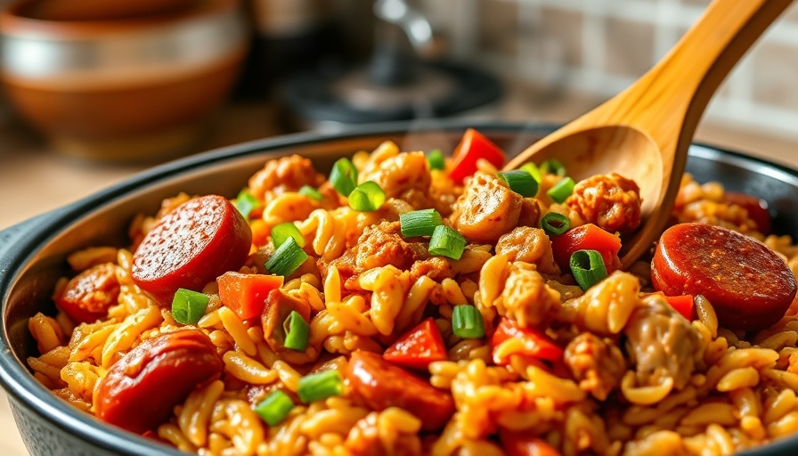 Delicious Easy One-Pot Jambalaya Recipe in a bowl with a spoon.