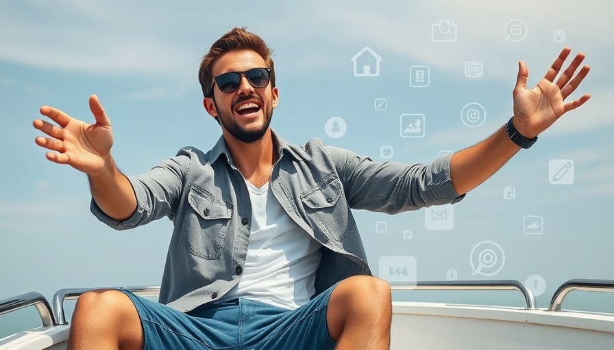 Engaged man in boat expressing excitement, digital marketing content.