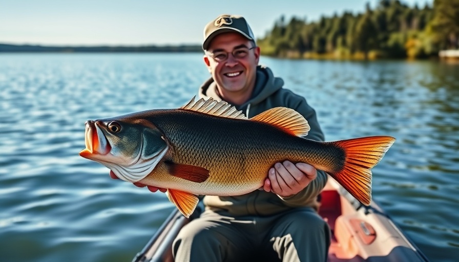 Young angler kayaking on a lake, holding a fish.