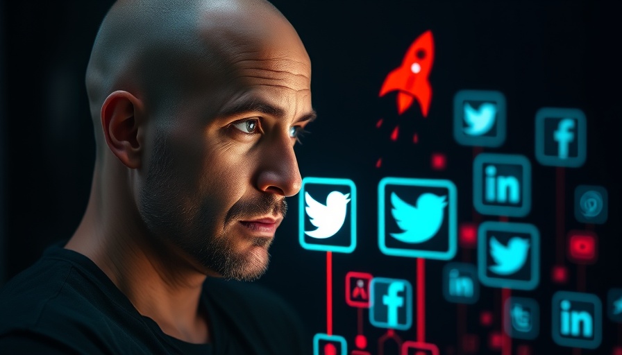 Man contemplating digital SEO strategy with social media icons and rocket.