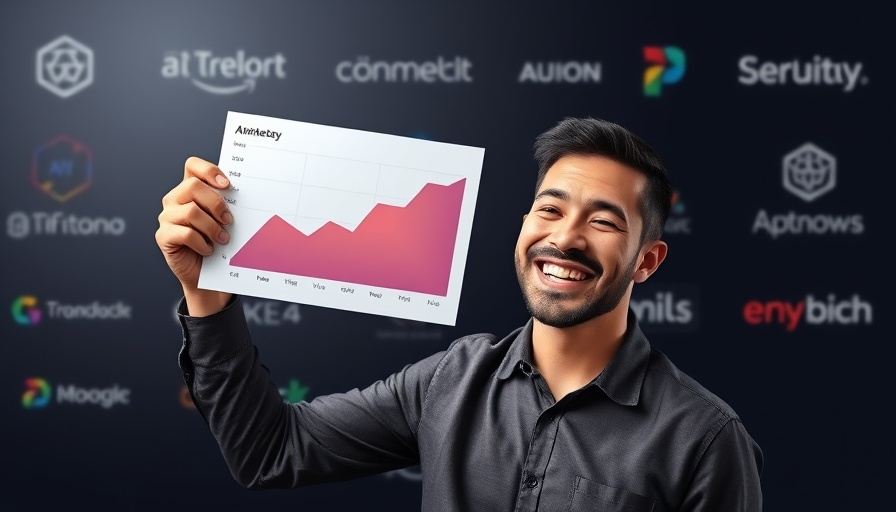 Cheerful man presenting AI strategy chart, Growth AI Strategy.