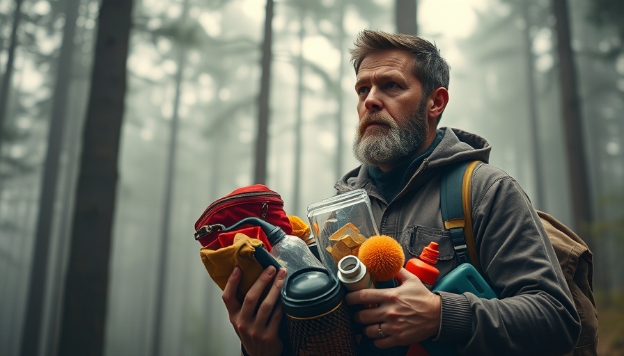 Man showing essential items for what to bring on a camping trip.