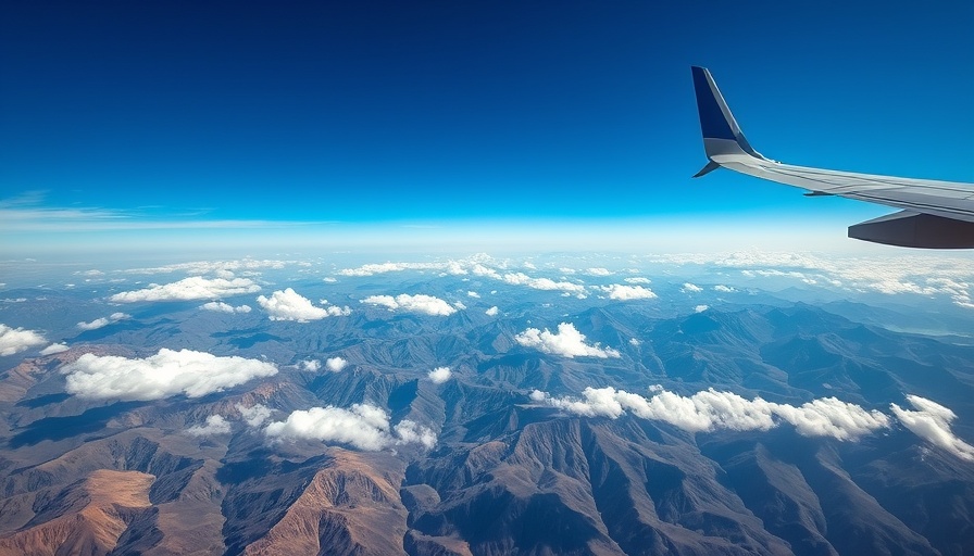 Airplane wing over mountains; concept of cyberattacks impact on air travel.