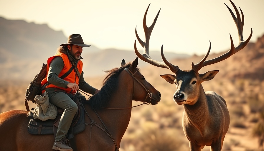A rider in an orange vest meets a large buck with antlers in a desert.
