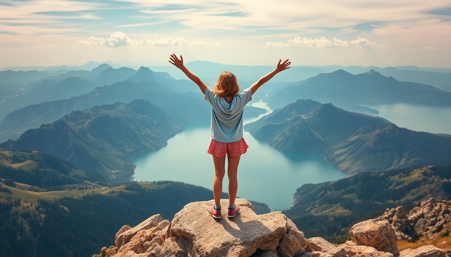 Cheerful girl on mountain peak, enjoying outdoor fitness with family