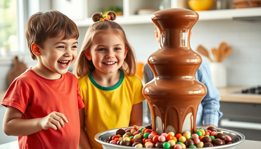 Kids joyfully watching a chocolate fountain in a bright kitchen.