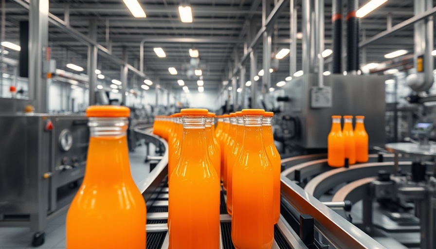 Sustainable Dairy Production facility with orange bottles on a conveyor.