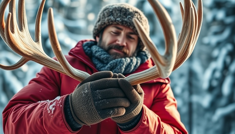 Man holding third biggest elk antlers in snowy forest