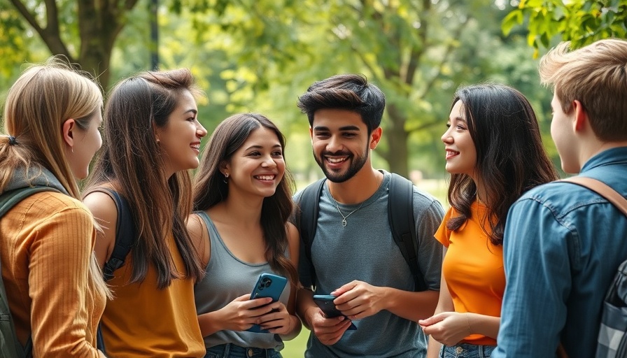Casual group of young people discussing digital marketing strategies outdoors.