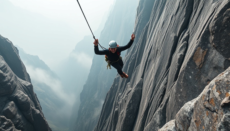 Climber on via ferrata bridge amidst steep cliffs in misty conditions.