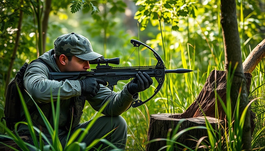 Camouflaged hunter with crossbow aiming in forest.