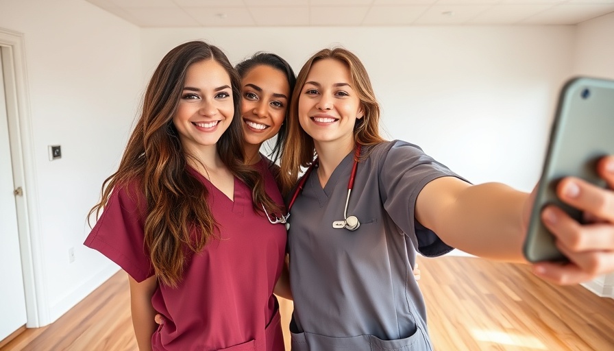 Future doctors smiling confidently in scrubs, selfie in bright room