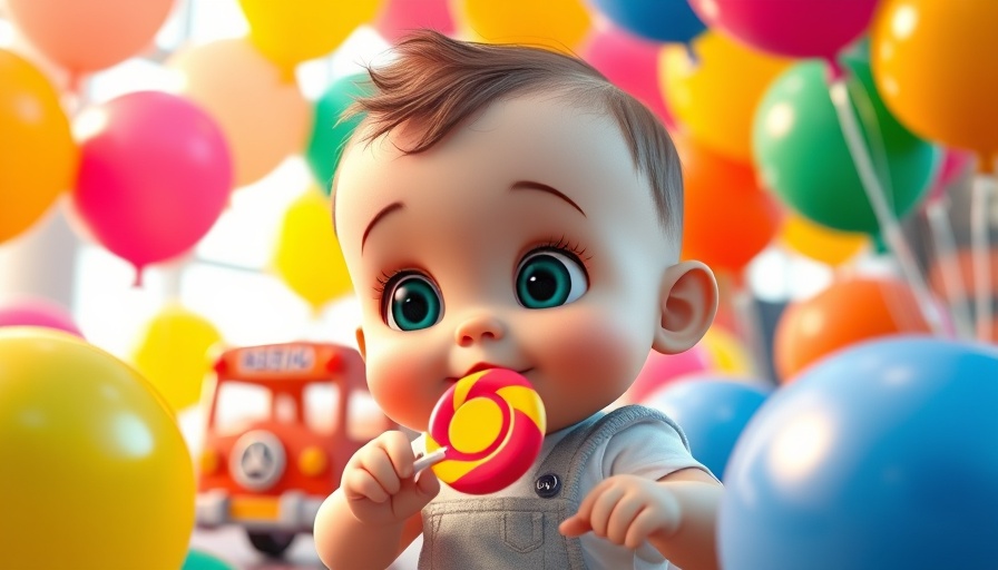 Cartoon baby playing with lollipop and toy in colorful balloon play area.
