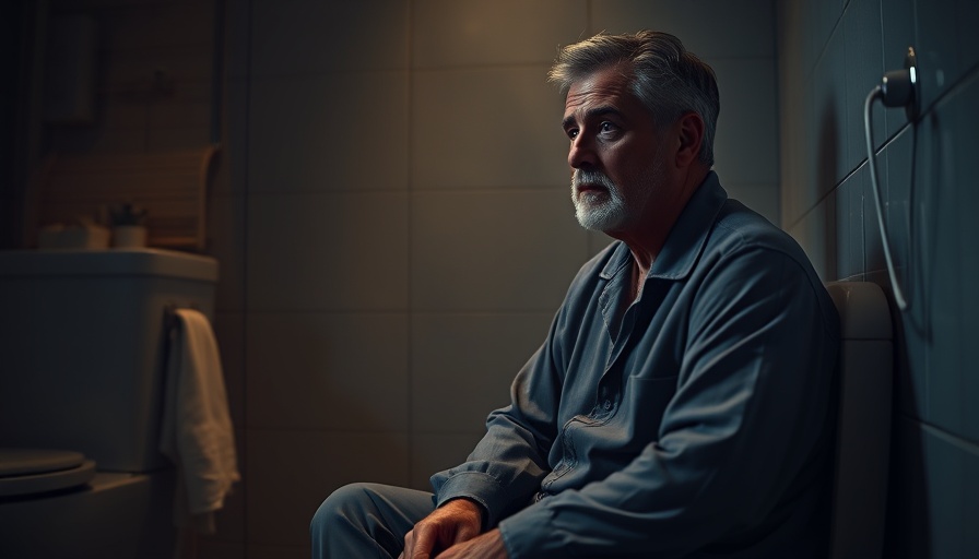 Senior citizen contemplating in a dimly lit bathroom at night.