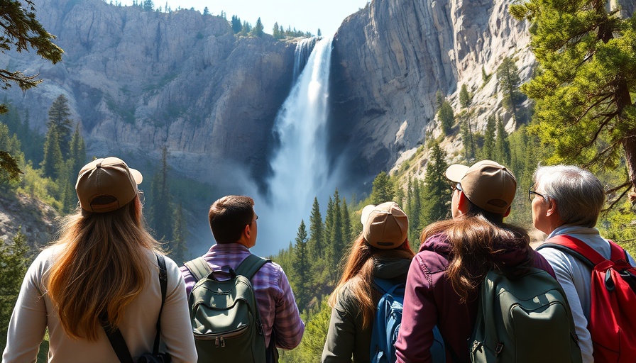 Hikers at Yosemite hearing bullets, gazing at majestic waterfall.