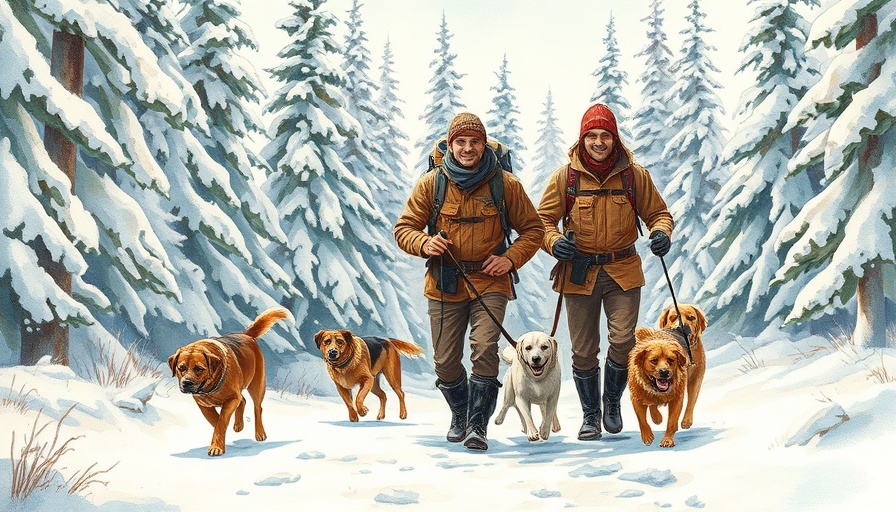 Vintage illustration of men hiking with dogs in snowy forest, family-friendly outdoor activities.